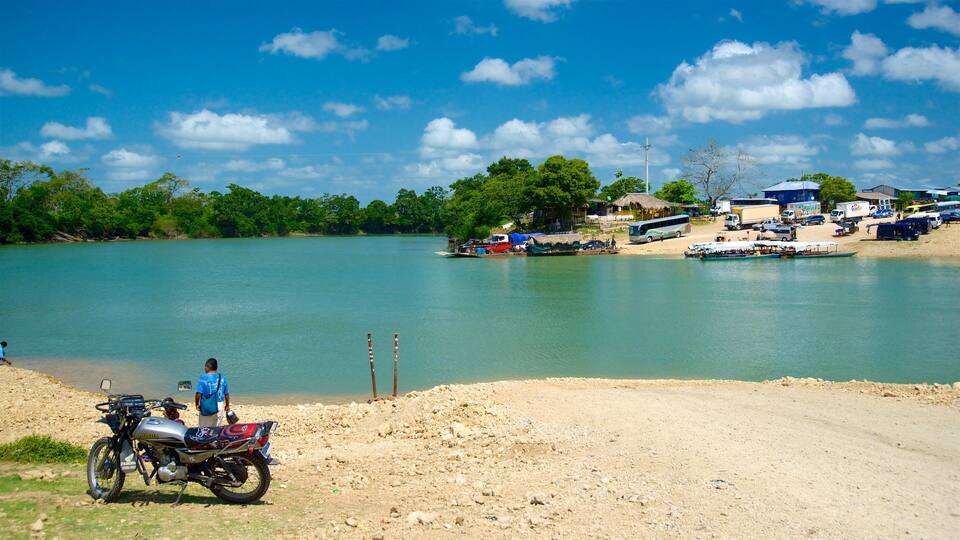 A river with boats, a beach, and a town with buildings and trees.