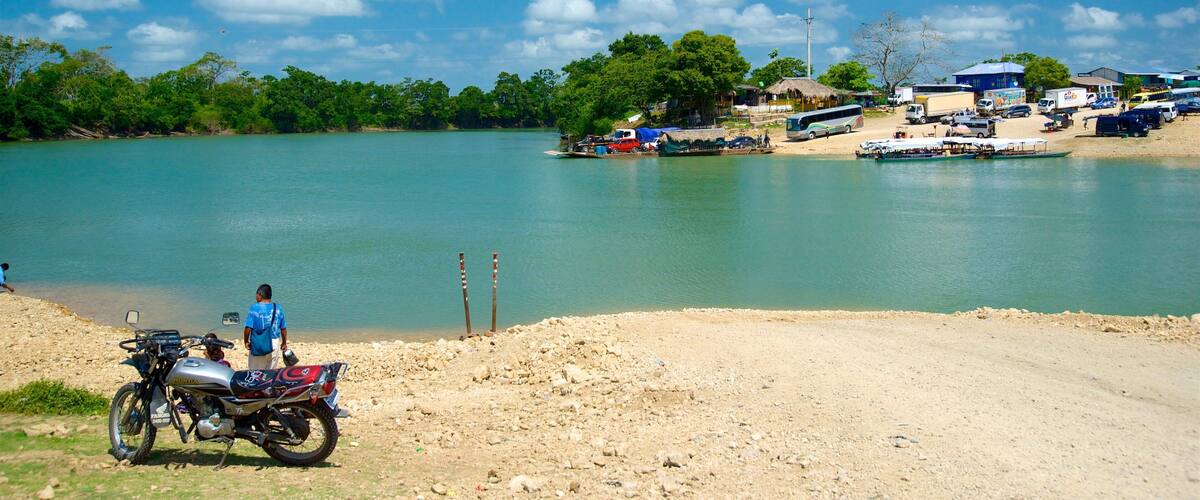 A river with boats, a beach, and a town with buildings and trees.