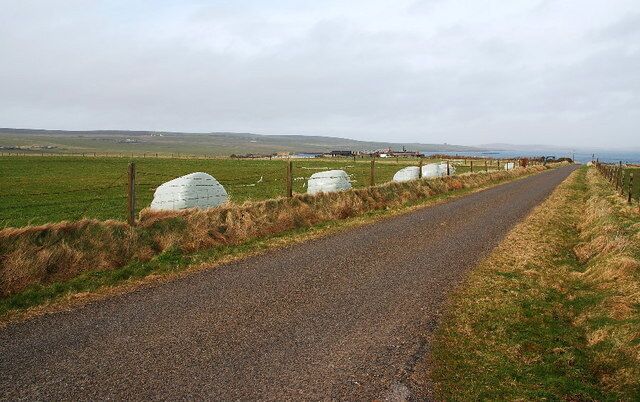 Lane to the ferry, Eday With the ubiquitous hay bales.