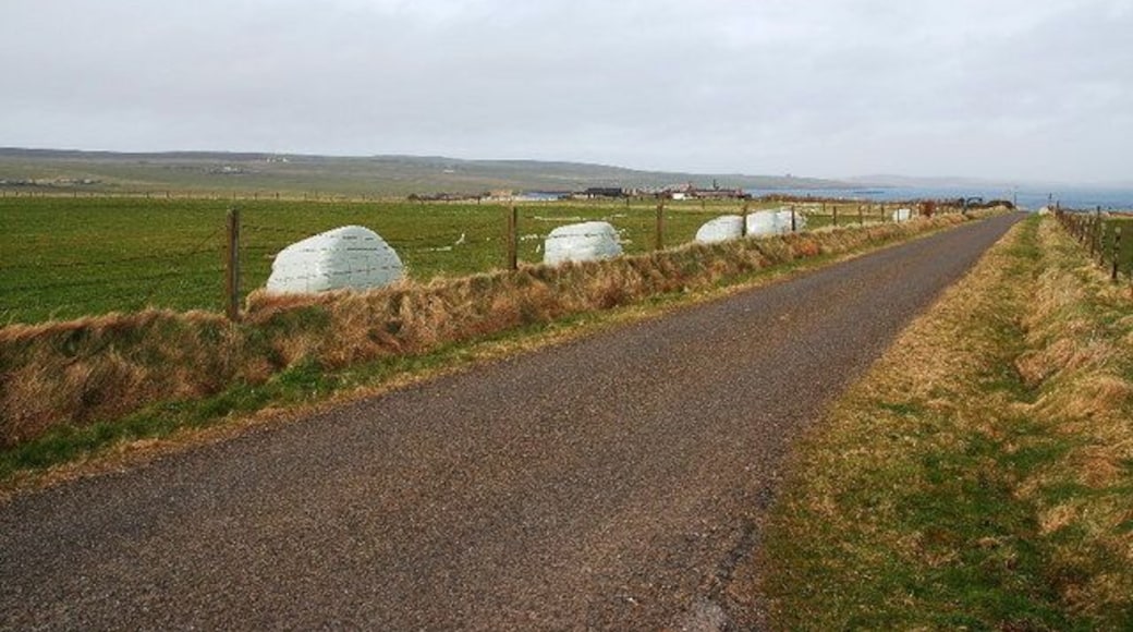 Lane to the ferry, Eday With the ubiquitous hay bales.