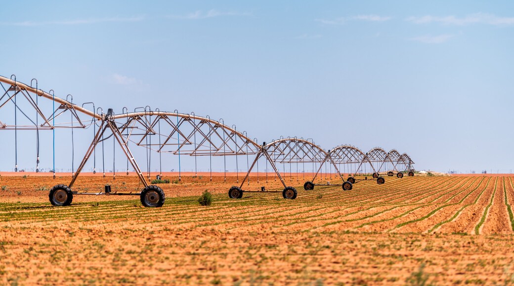 Brownfield, USA Texas rural countryside industrial field with water or fertilizer chemicals sprayer on dry land