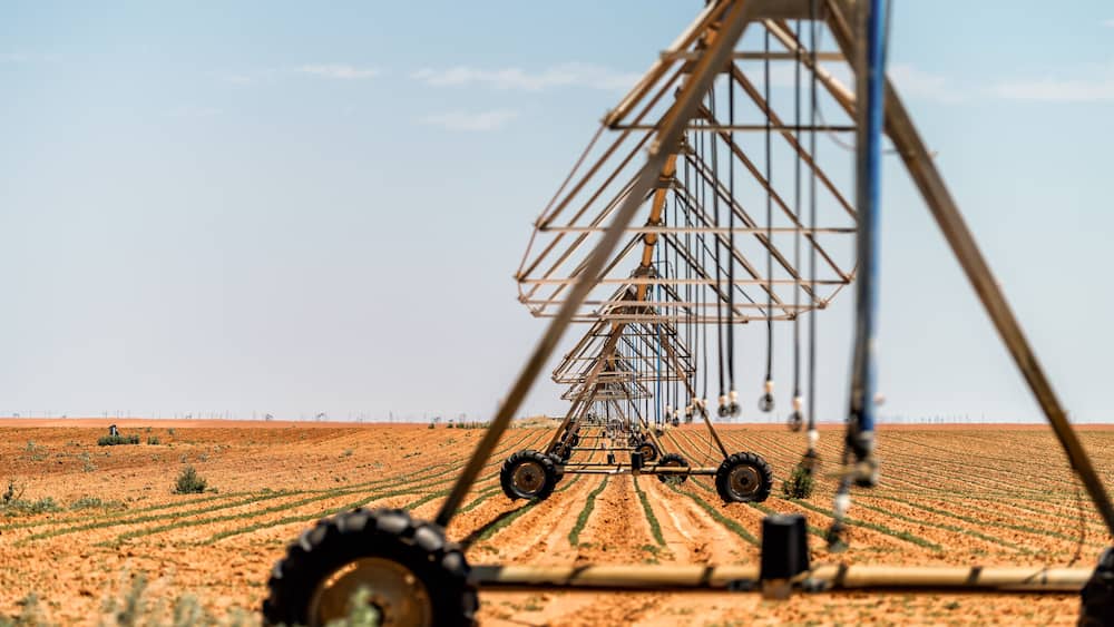 Ein großes landwirtschaftliches Bewässerungssystem in einem weitläufigen Feld.