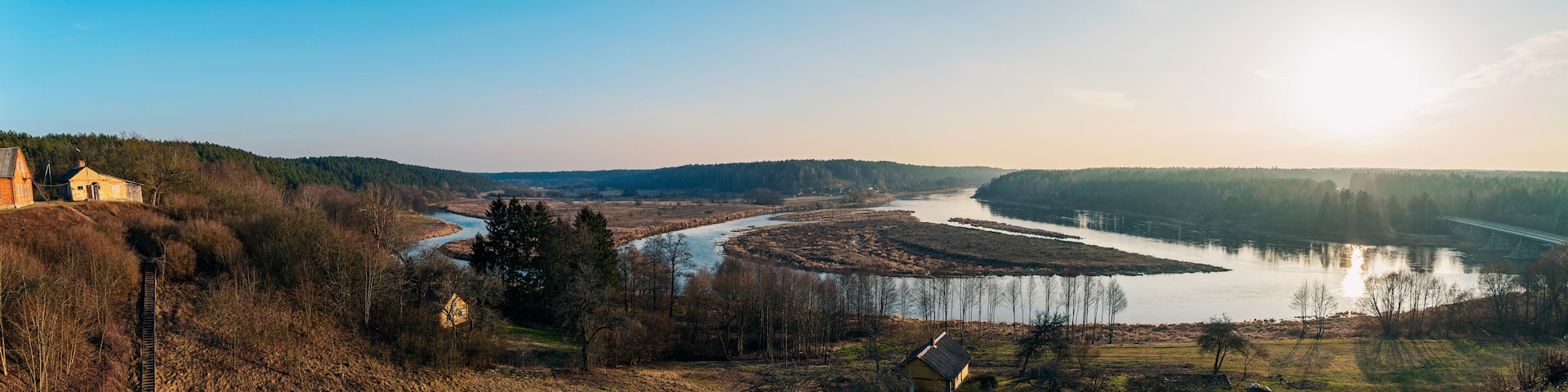 Beautiful panorama landscape view from Merkine fort hill to Nemunas river. Merkine is a town in Dzukija National Park in Lithuania, located at the confluence of the Merkys and Neman Rivers.