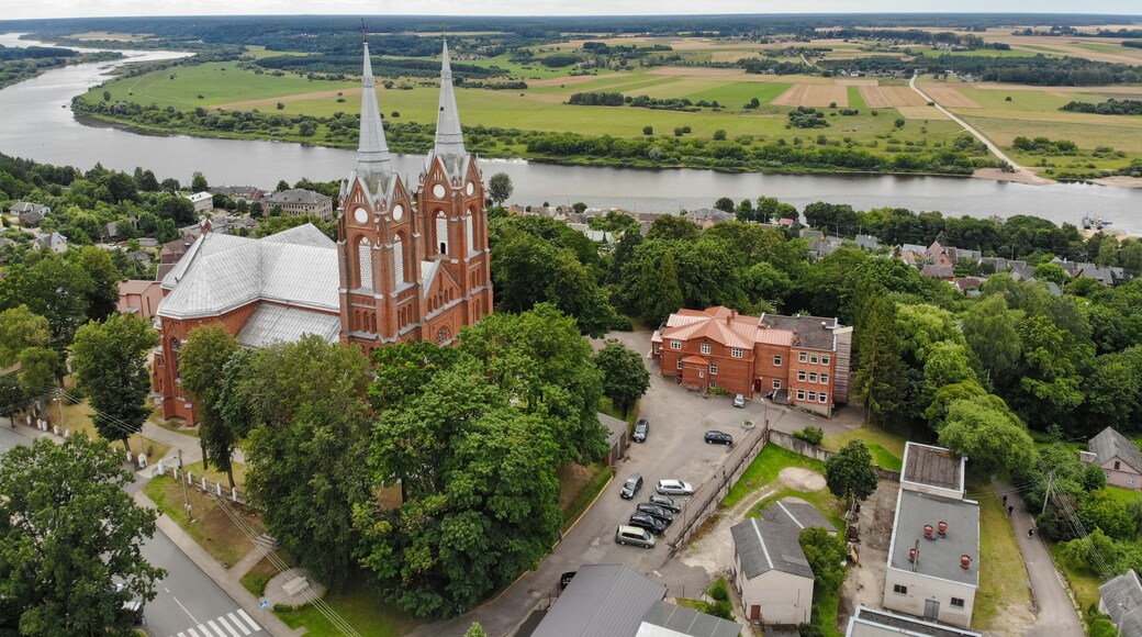 Aerial view of Church of St. George in Vilkija town Lithuania