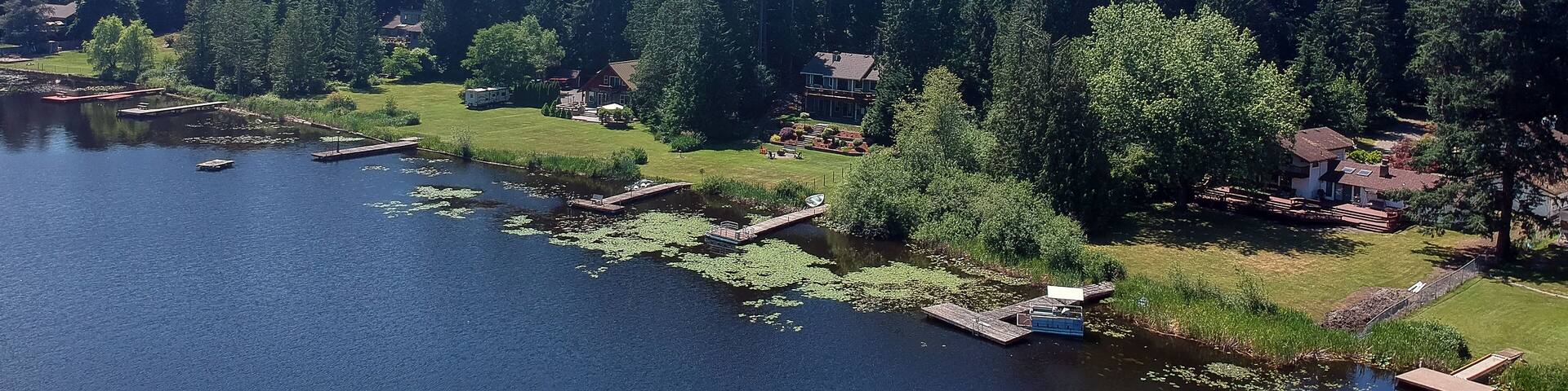 Sunny Lake Desire on a bright clear day in summertime with trees reflecting in the water a blue sky and white clouds with lily pads and the backyards and piers in King County Washington State
