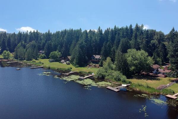 Sunny Lake Desire on a bright clear day in summertime with trees reflecting in the water a blue sky and white clouds with lily pads and the backyards and piers in King County Washington State