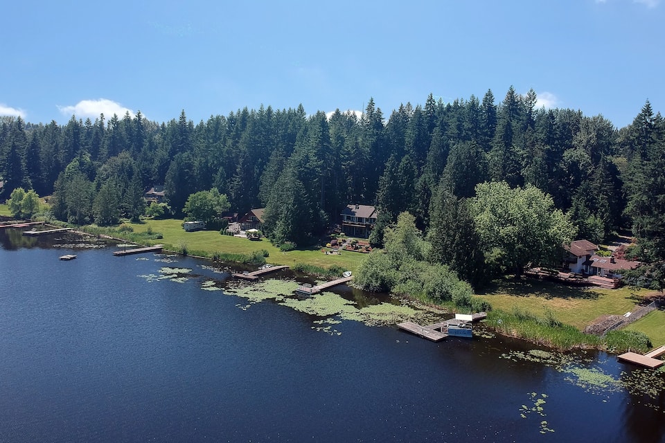Un lago rodeado de un bosque frondoso y casas.