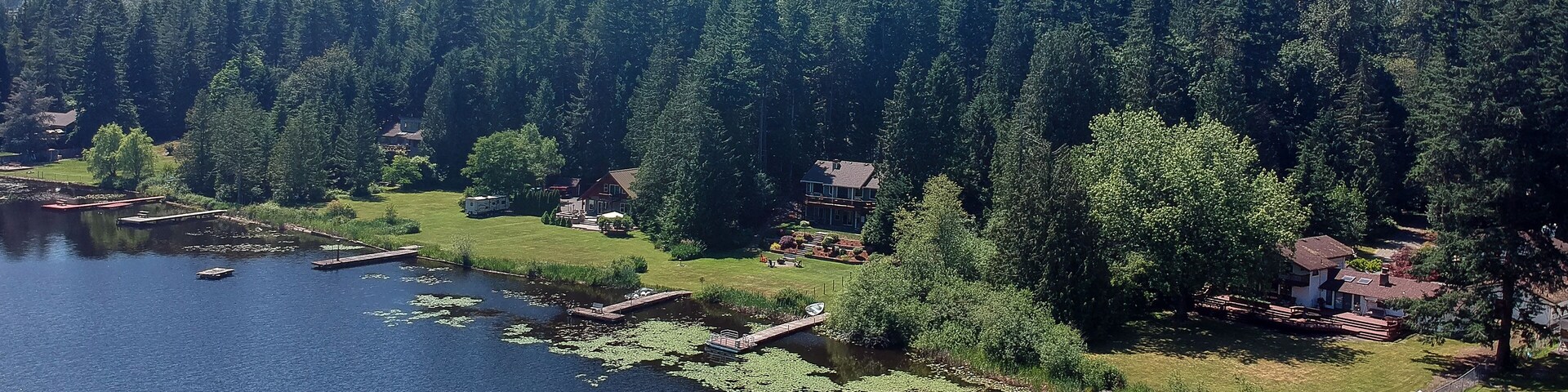 Sunny Lake Desire on a bright clear day in summertime with trees reflecting in the water a blue sky and white clouds with lily pads and the backyards and piers in King County Washington State