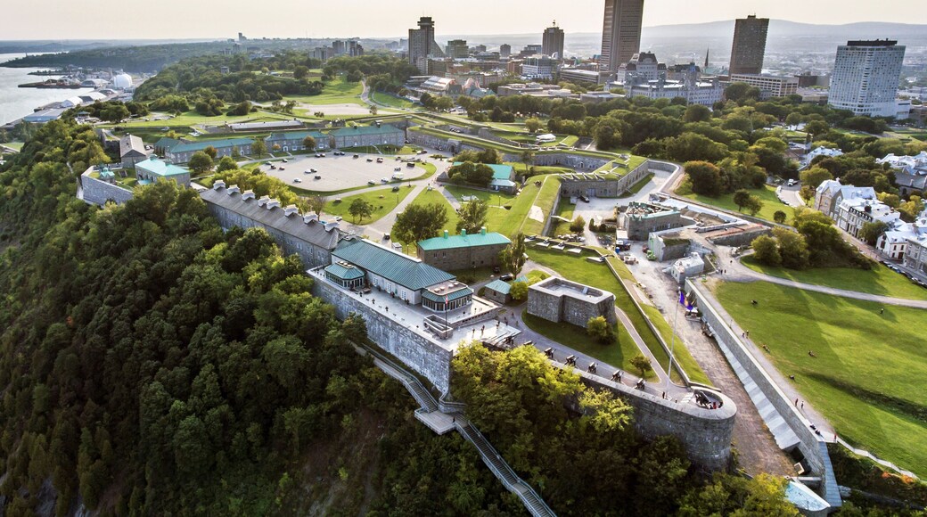 aerial helicopter view of the Citadel the old fortress of Quebec City skyline in background