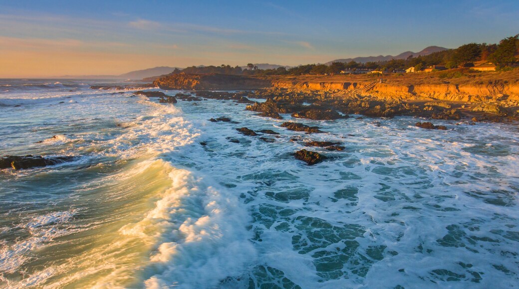 aerial view of surf at Moonstone Beach at sunset, Cambria, California