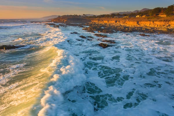 aerial view of surf at Moonstone Beach at sunset, Cambria, California