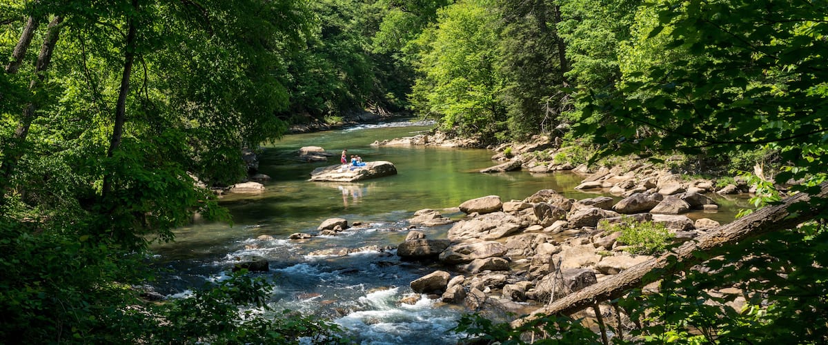 Visitors and families swim in the river at the Audra State Park near Buckhannon in West Virginia