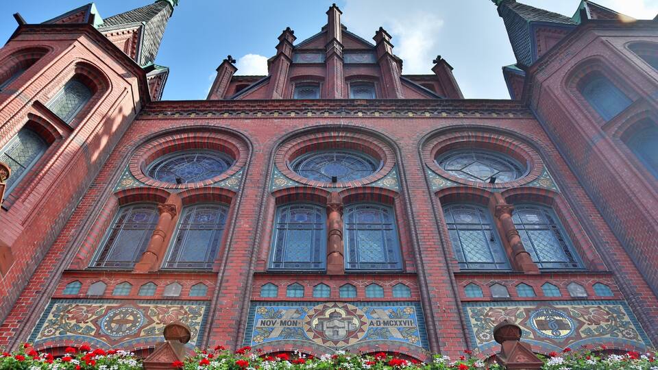 Detailed view on the northern german town hall found in Neumuenster on a sunny summer day