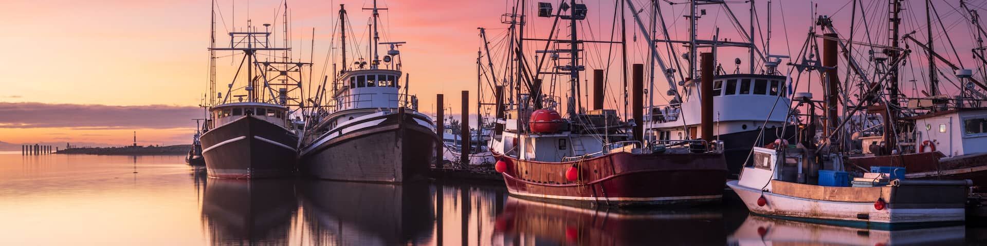 Fishing boats in Steveston Harbour at dusk, Richmond, British Columbia