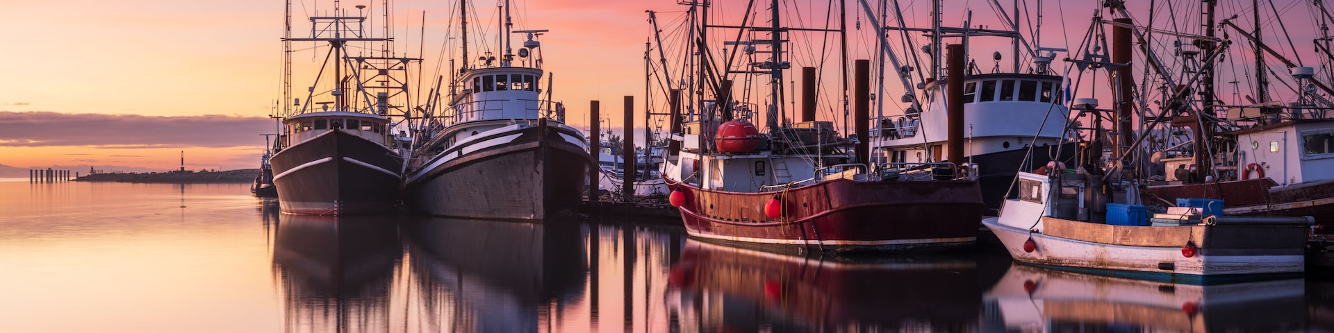 Fishing boats in Steveston Harbour at dusk, Richmond, British Columbia