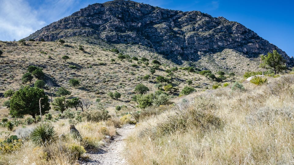 A rocky mountain with sparse vegetation and a clear sky.
