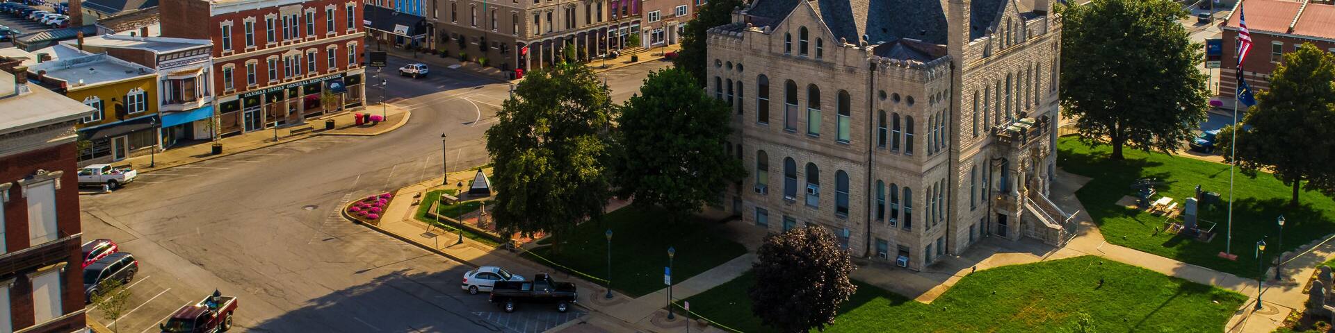 Aerial View of Courthouse and Town Square of Rural Salem Indiana.