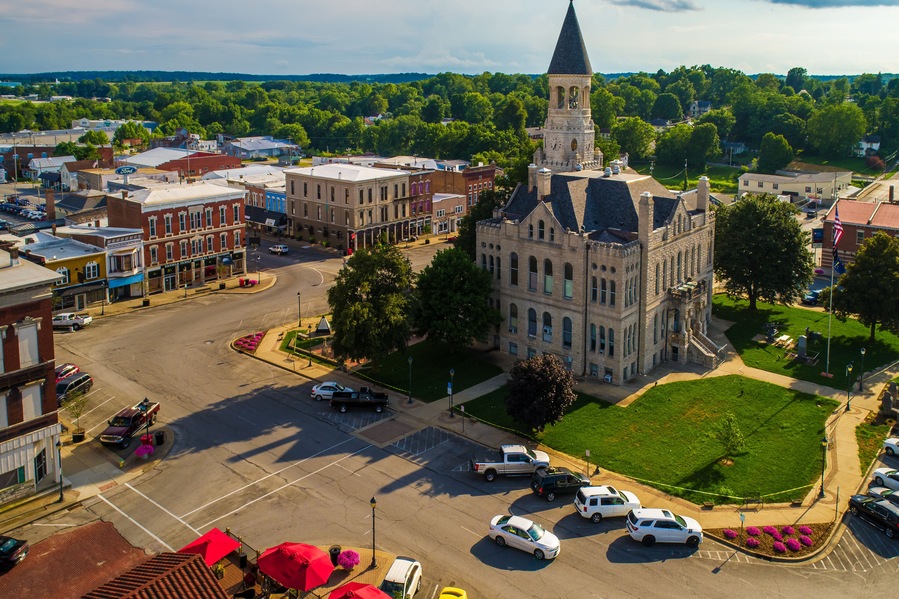 Aerial View of Courthouse and Town Square of Rural Salem Indiana.