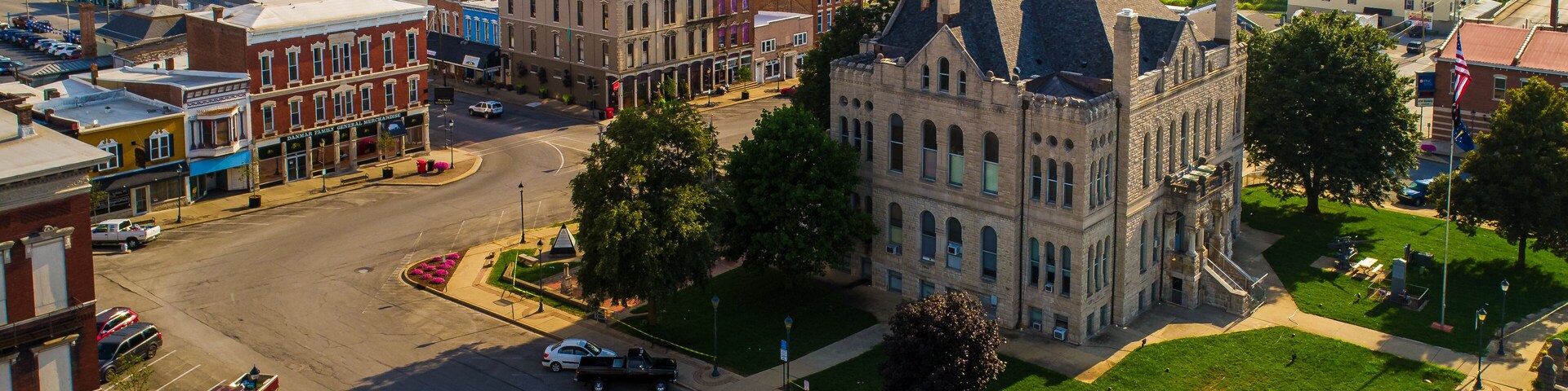 Aerial View of Courthouse and Town Square of Rural Salem Indiana.