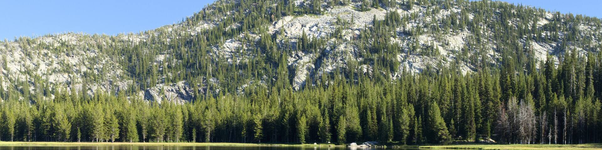 A mountain range with dense forests reflected in a calm lake.