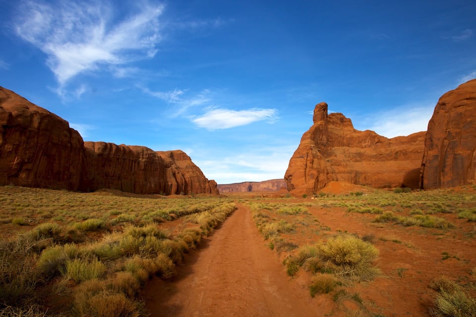 A desert landscape with a dirt path leading through a canyon with red rock formations.