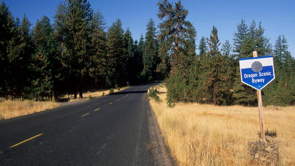 A road with a sign reading "Oregon Scenic Byway" surrounded by trees and dry grass.
