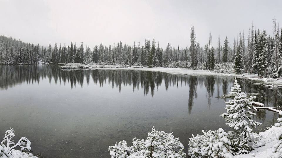 A snow-covered lake surrounded by dense evergreen trees.