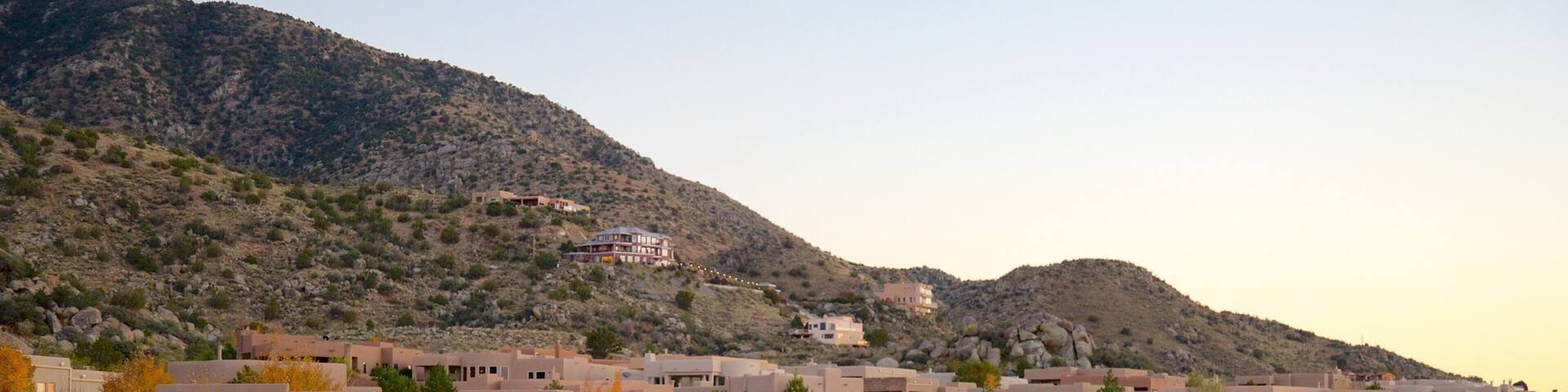 Salt Missions Trail which includes a sunset, a small town or village and landscape views