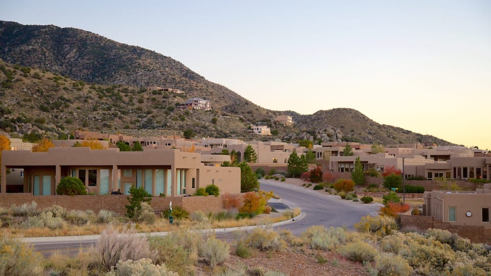 A residential area with modern buildings, a winding road, and a mountainous backdrop.