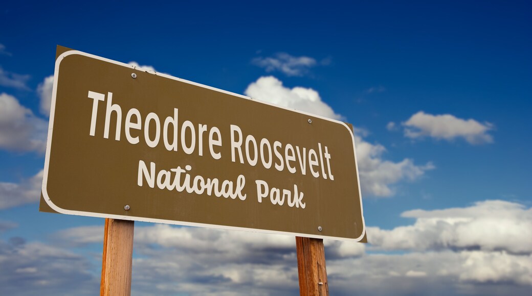 Theodore Roosevelt National Park (North Dakota) Road Sign Against Blue Sky and Clouds.
