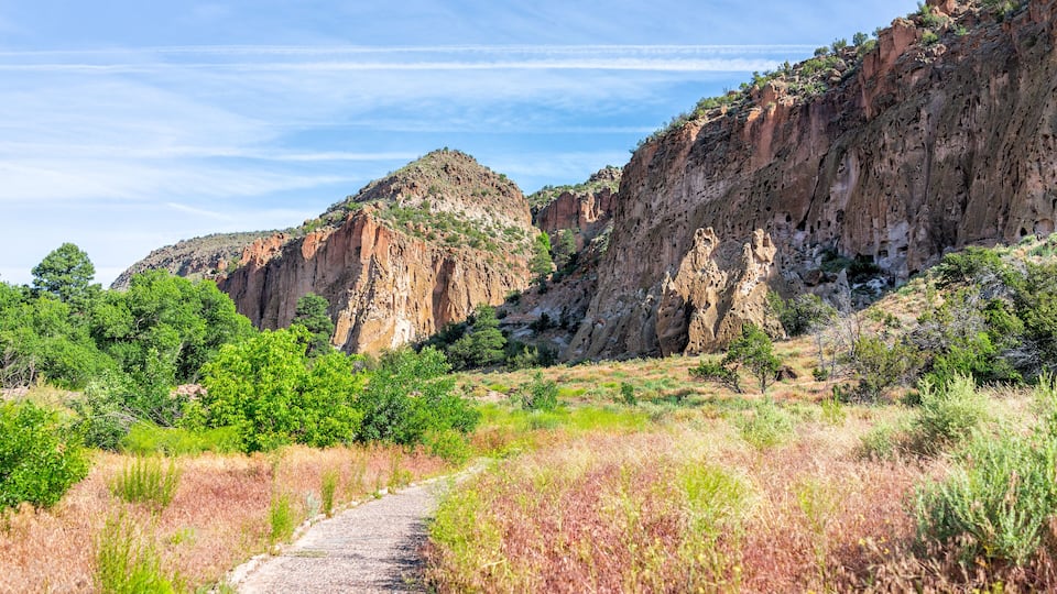Main Loop path trail in Bandelier National Monument in New Mexico in Los Alamos with canyon cliffs