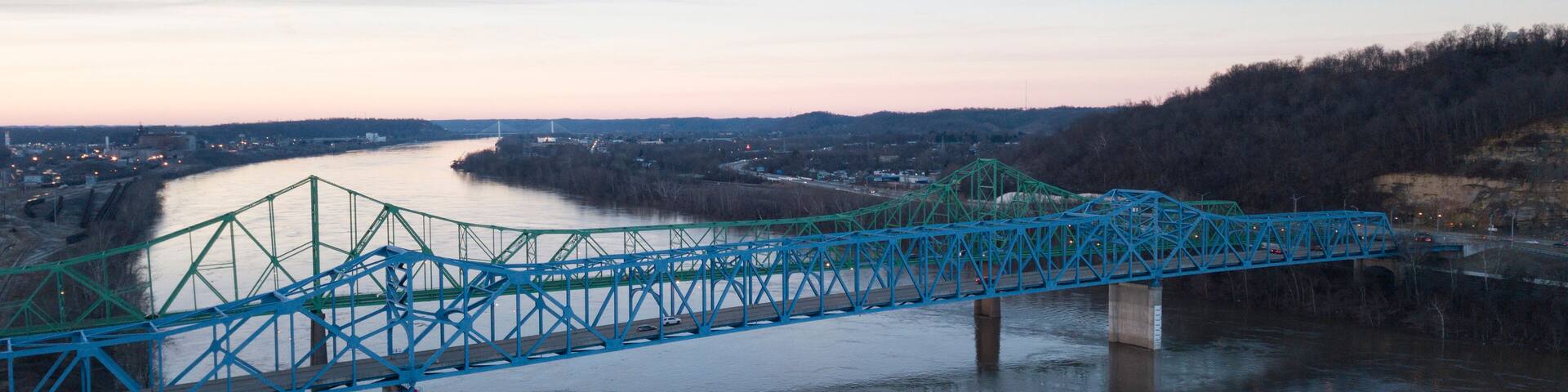 Two bridges between Ashland, KY and Ohio 52. Aerial shot.; Shutterstock ID 1025252632; purchase_order: Scenic Routes Q4 Purchasing; Order: ; client: ; job: