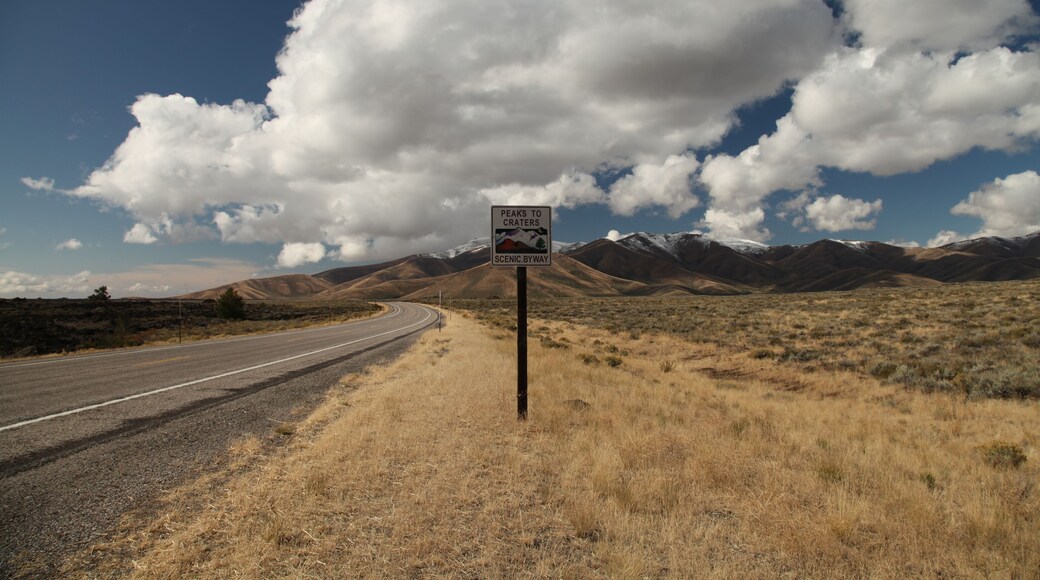 Sign for Peaks To Craters Scenic Byway along the highway in Craters Of The Moon National Monument and Preserve, Idaho; Shutterstock ID 757251226; purchase_order: SP-2792; Order: ; client: ; job: Q1 Sc