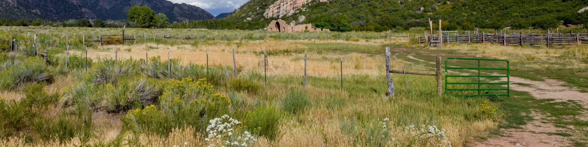 A mountainous landscape with a prominent rock formation, a fenced field, and a green gate.