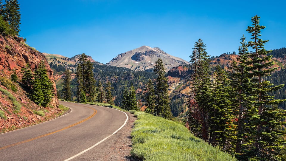 A winding mountain road flanked by evergreen trees and a prominent mountain peak in the distance.
