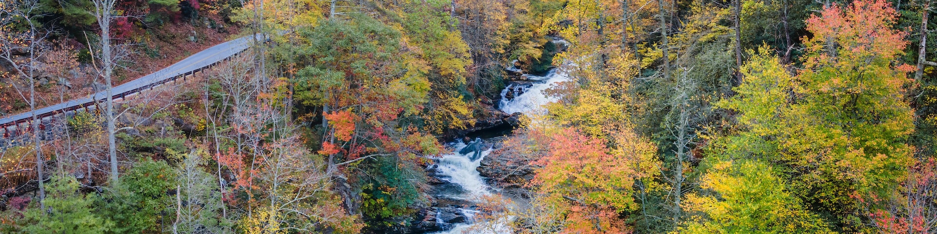 Morning Autumn view of Cullasaja Gorge - Bust your butt falls on US Highway 64, Mountain Waters Scenic Highway & Waterfall Byway near Highlands, North Carolina - Nantahala National Forest