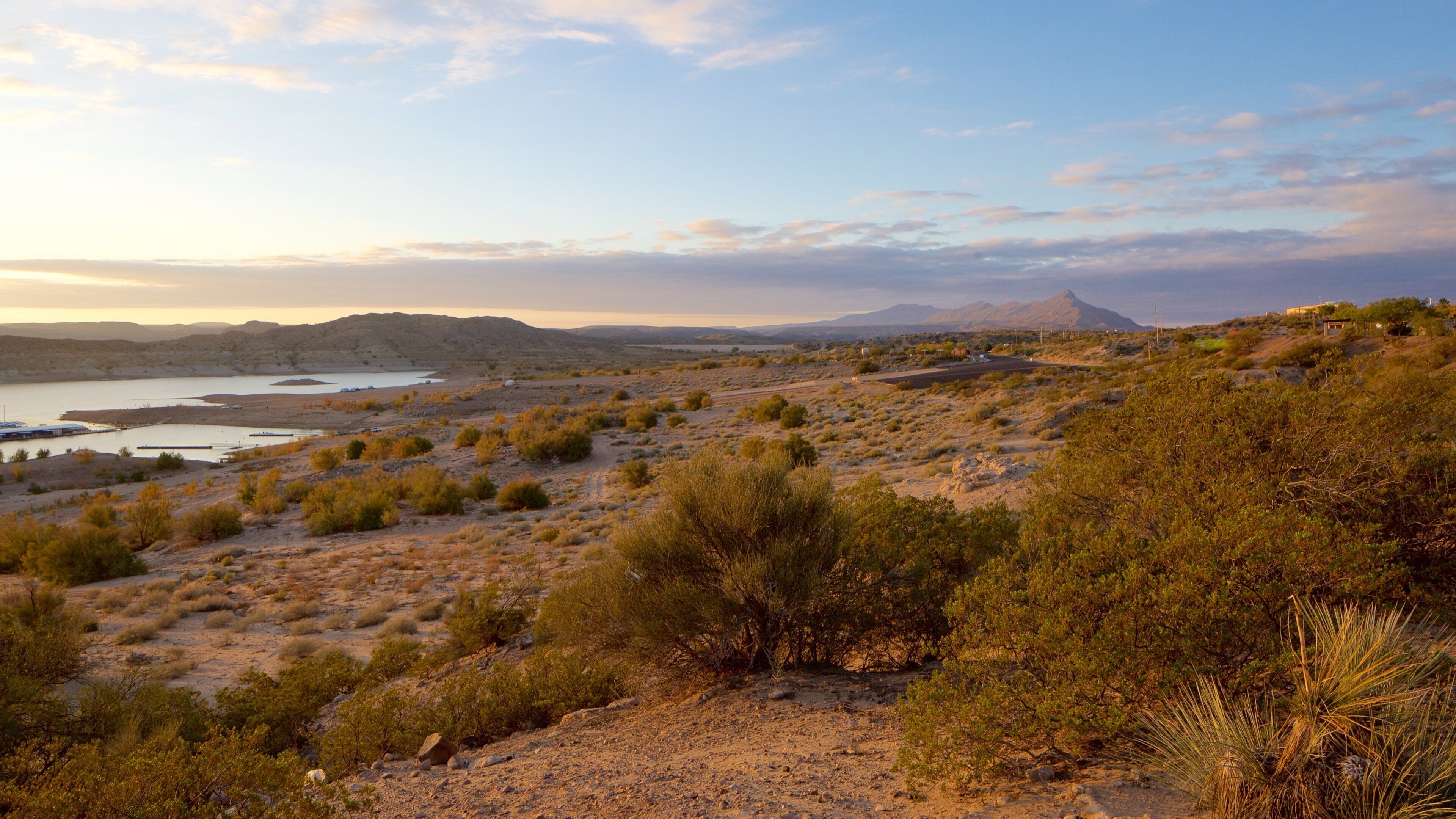 A desert landscape with sparse vegetation, a body of water, and distant mountains.