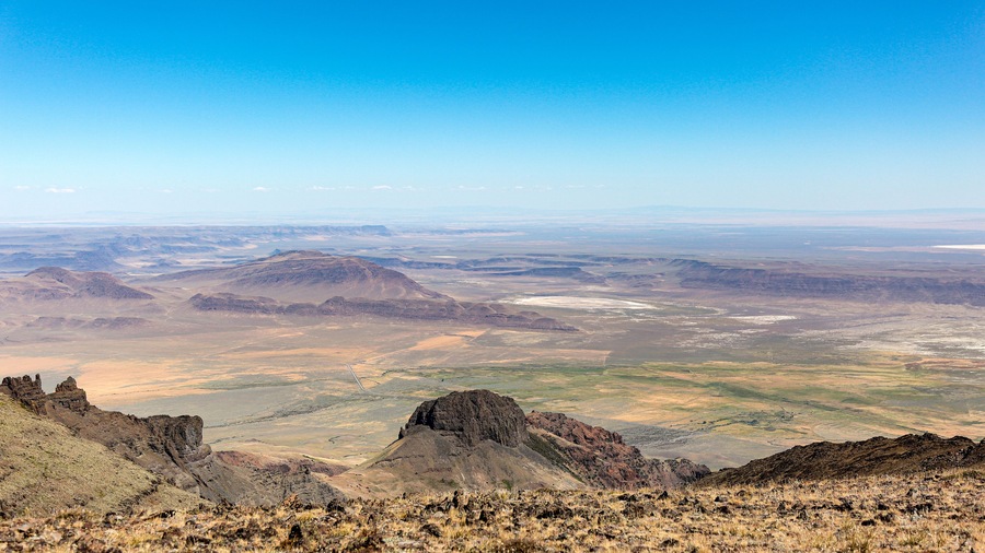 Scenic panorama view at Alvord  Lake and Alvord desert from East Rim overlook, Steens Mountain, Oregon