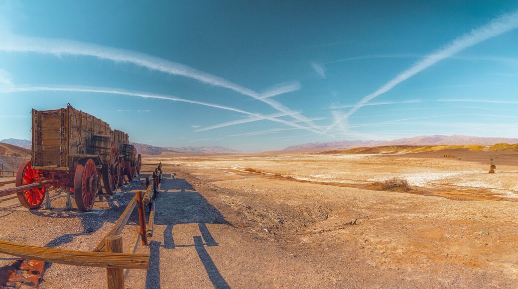 Wagon train at Harmony Borax Works in Death Valley National Park, USA. Panorama