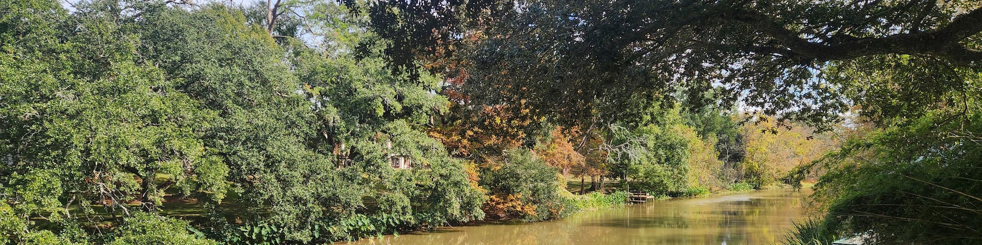 A calm river surrounded by dense greenery and trees.