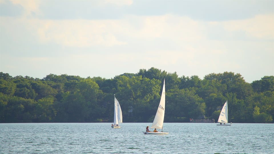 Three sailboats on a calm lake with a forested shoreline.