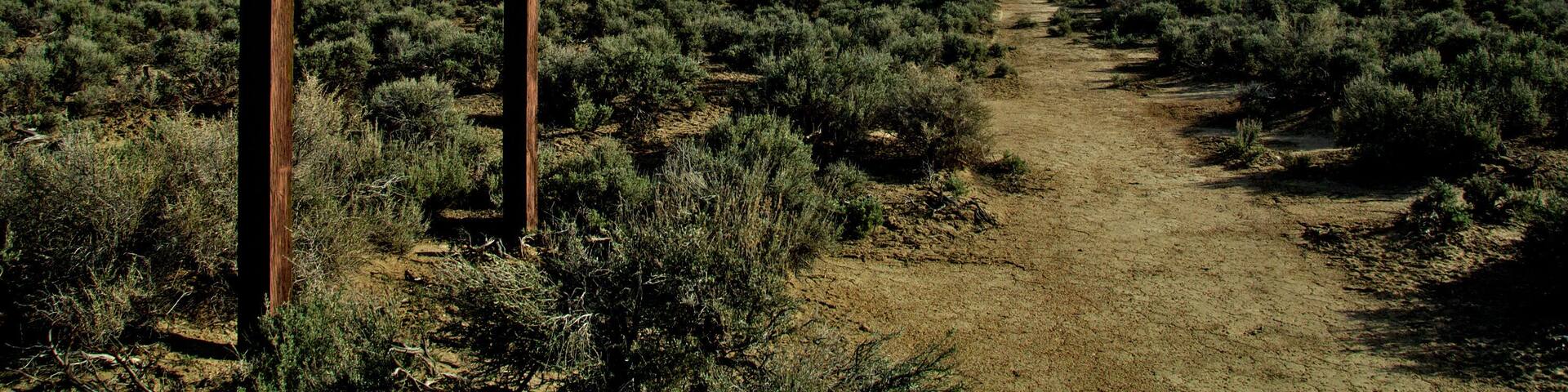 A wooden signpost with directions for the Pony Express Trail, surrounded by a desert landscape with sparse vegetation and distant mountains.