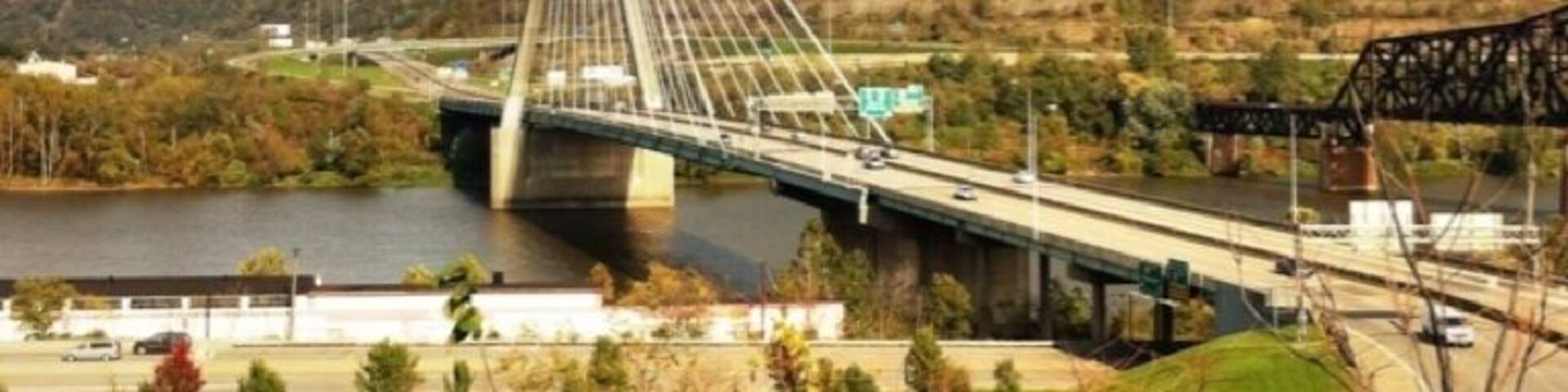 This photo was taken in the parking lot of Studio 909 which overlooks the Veterans Memorial Bridge in Steubenville, Ohio. See Wikipedia for more information about the bridge.
http://en.m.wikipedia.org/wiki/Veterans_Memorial_Bridge_(Steubenville,_Ohio)