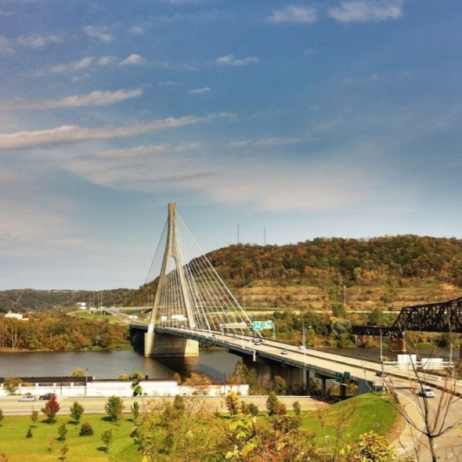 This photo was taken in the parking lot of Studio 909 which overlooks the Veterans Memorial Bridge in Steubenville, Ohio. See Wikipedia for more information about the bridge. 
http://en.m.wikipedia.org/wiki/Veterans_Memorial_Bridge_(Steubenville,_Ohio)