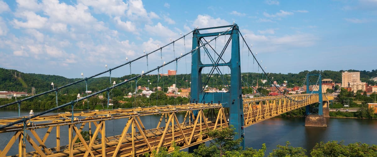A large suspension bridge with a blue tower and yellow truss structure spanning a river, surrounded by greenery and a cityscape in the background.