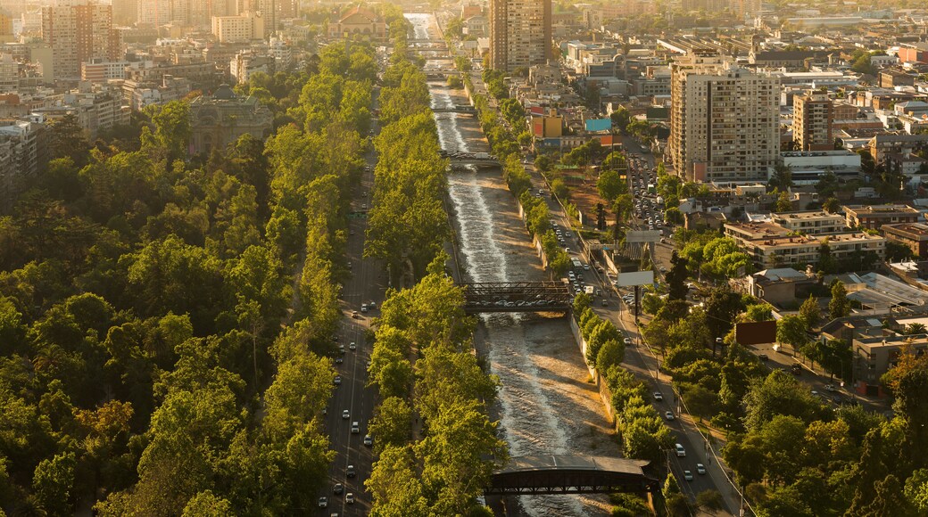 Mapocho River and Forestal Park at downtown with the neighborhoods of Patronato, Bellas Artes and Bellavista, Santiago, Chile
