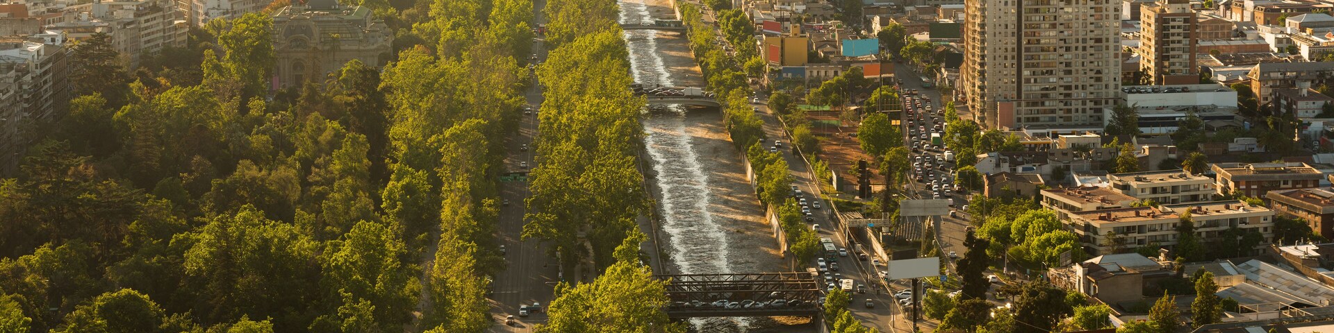 Mapocho River and Forestal Park at downtown with the neighborhoods of Patronato, Bellas Artes and Bellavista, Santiago, Chile