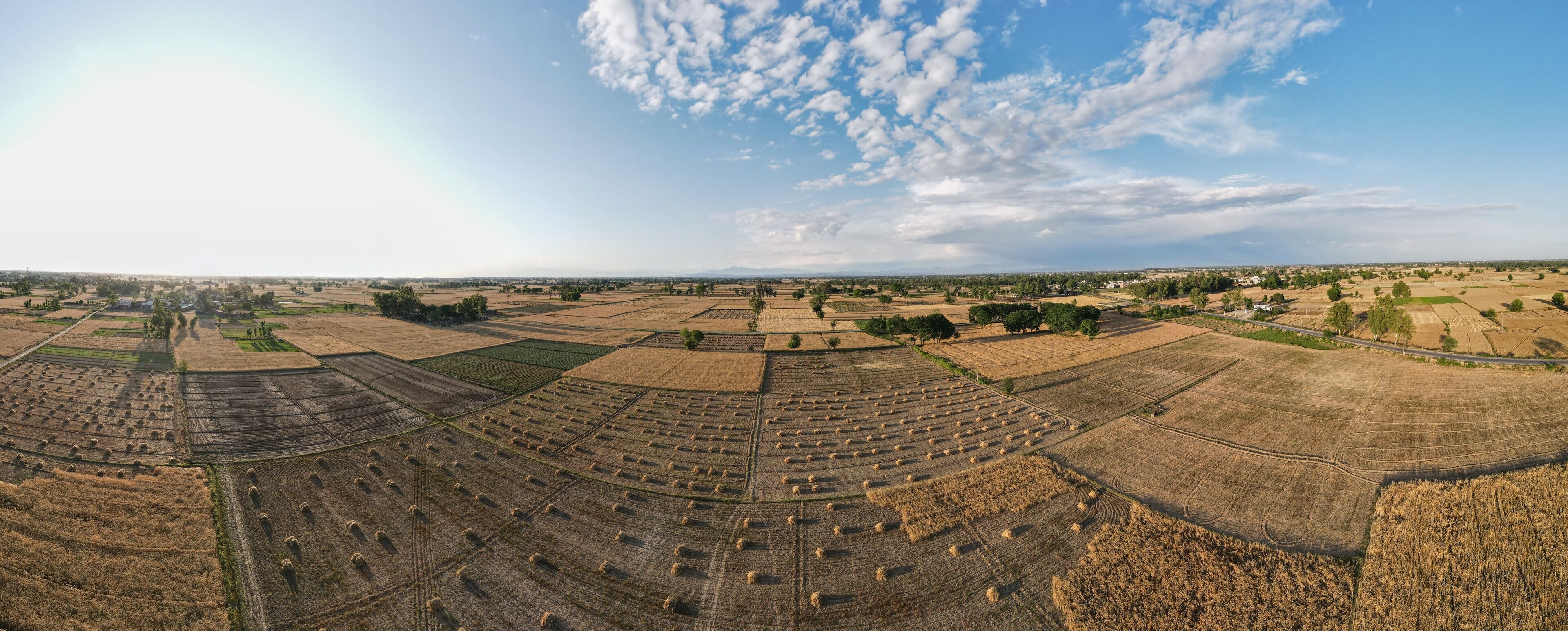 An aerial view of a vast agricultural landscape with fields of varying crops and a clear sky.