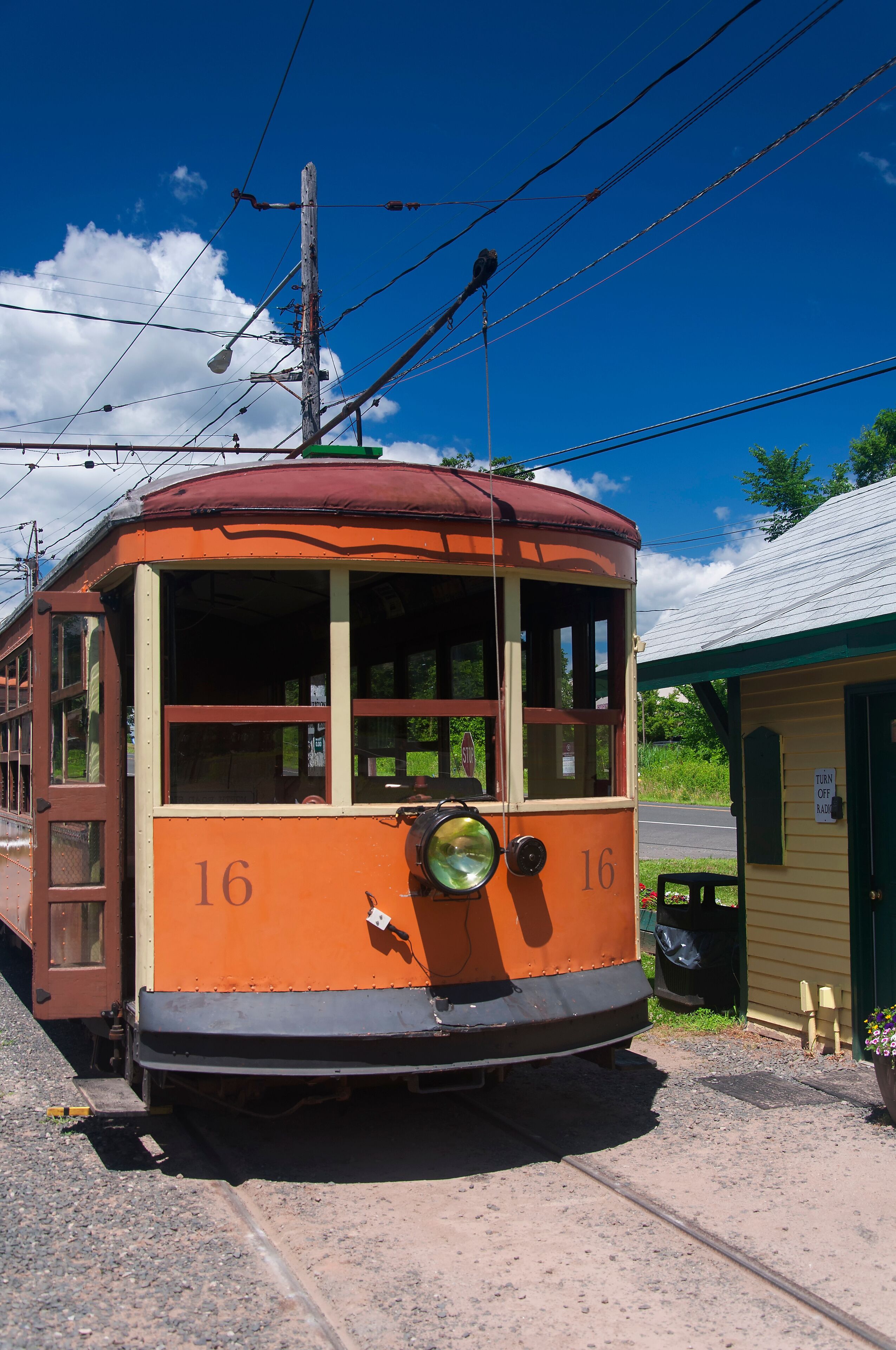 Trolley car and power lines in connecticut