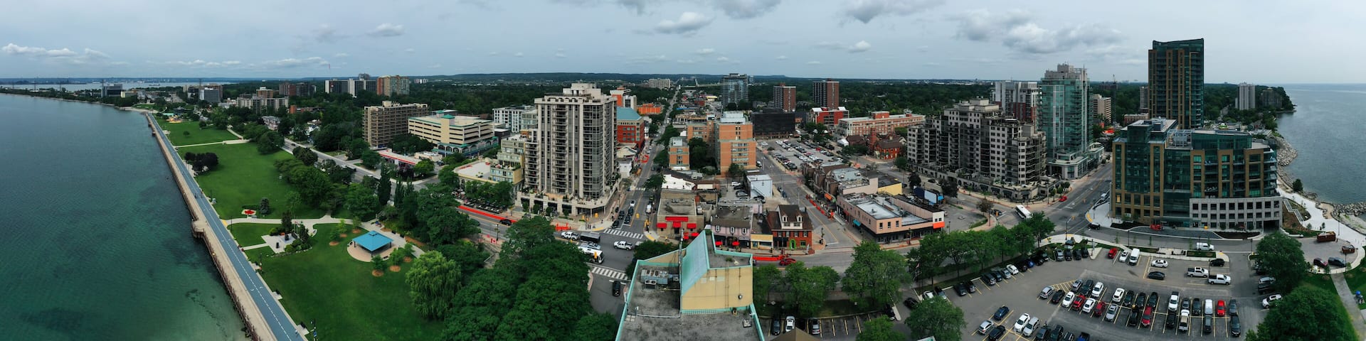 Aerial panorama of the downtown in Burlington, Ontario, Canada